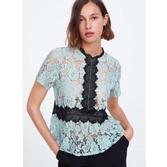 Zara Tops - Zara Mint Green & Black Contrast Trim Lace Peplum Top Size S